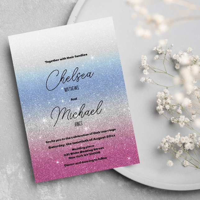 Invitation Parties scintillant glam rose bleu argenté ombre m (Pink blue silver ombre glam glitter wedding)
