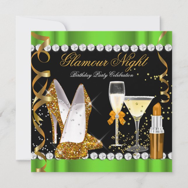 Invitation Parties scintillant Glamor Night Lime Green Gold B (Devant)