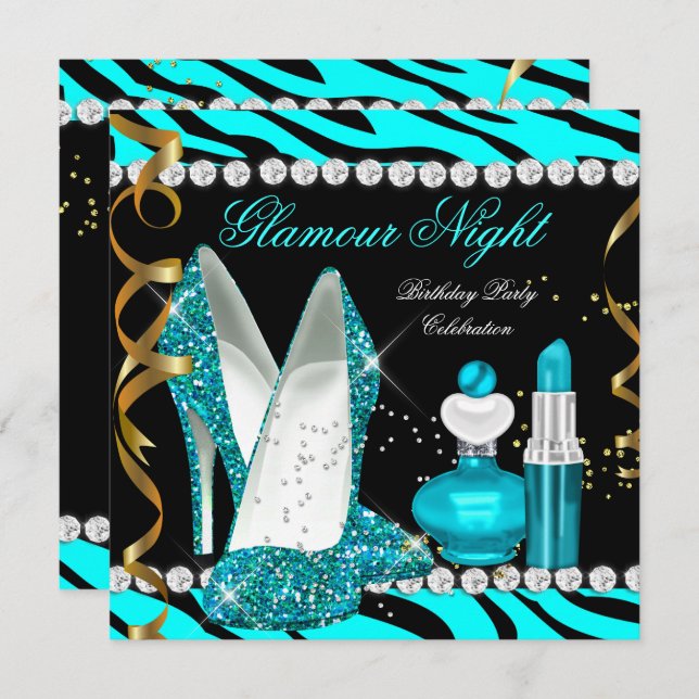 Invitation Parties scintillant Glamor Nuit Turquoise Bleu Or  (Devant / Derrière)