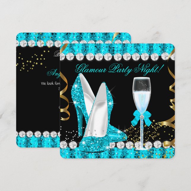 Invitation Parties scintillant Glamor Party Nuit Turquoise Bl (Devant / Derrière)