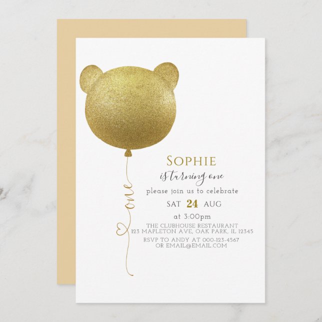 Invitation Parties scintillant Gold Balloon Teddy Bear 1er an (Devant / Derrière)
