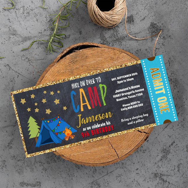 Invitation Parties scintillant Gold Blue Blackboard Glamping  (Créateur téléchargé)