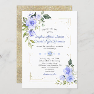 Invitation Parties scintillant Gold de luxe Frame Blue Flower