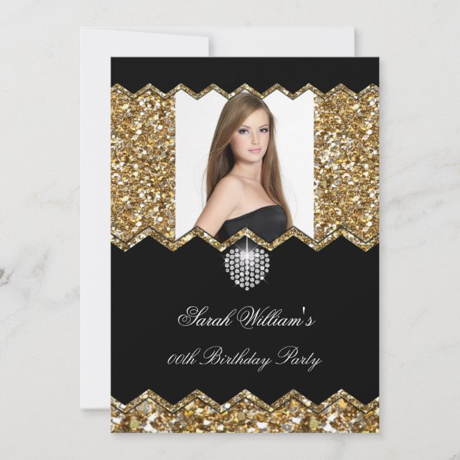 Invitation Parties scintillant Gold Diamond Heart Photo N'imp (Devant)