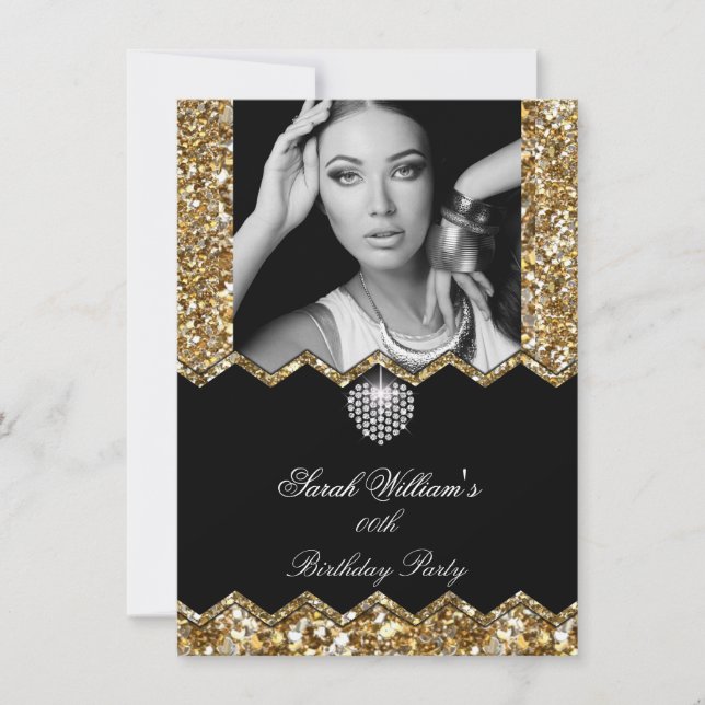 Invitation Parties scintillant Gold Diamond Heart Photo N'imp (Devant)