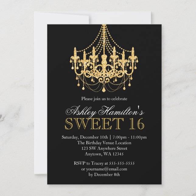 Invitation Parties scintillant Gold Faux Chandelier Sweet 16  (Devant)