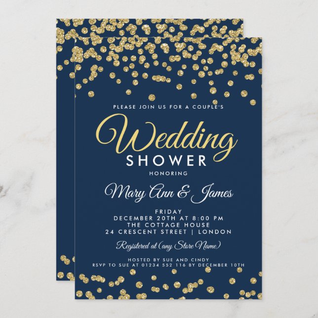 Invitation Parties scintillant Gold Faux Douche Confetti Navy (Devant / Derrière)