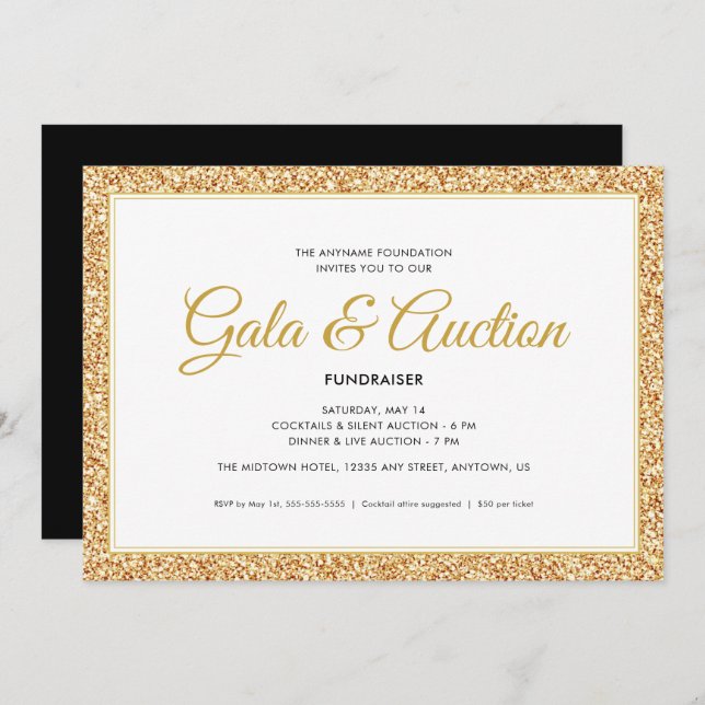 Invitation Parties scintillant Gold Faux | Enchères de gala e (Devant / Derrière)