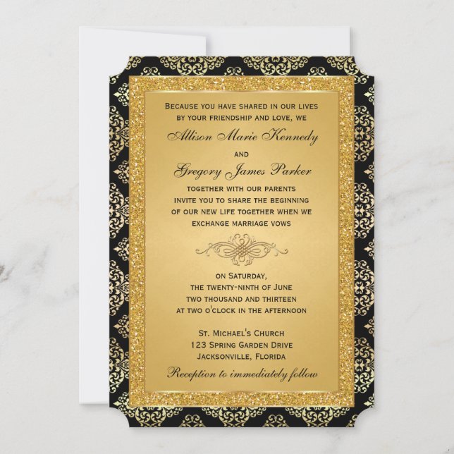 Invitation Parties scintillant Gold FAUX, Mariage damassé Inv (Devant)
