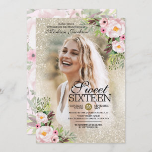 Invitation Parties scintillant Gold Floral Modèle photo Sweet