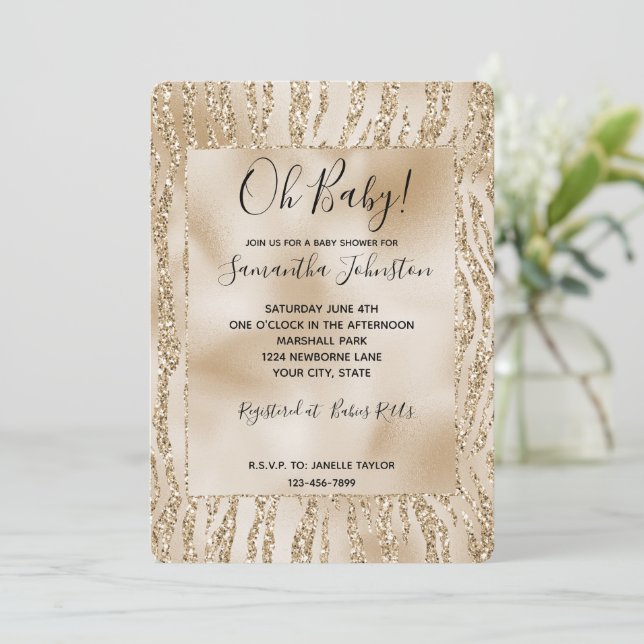 Invitation Parties scintillant Gold Luxe Zebra Print (Debout devant)