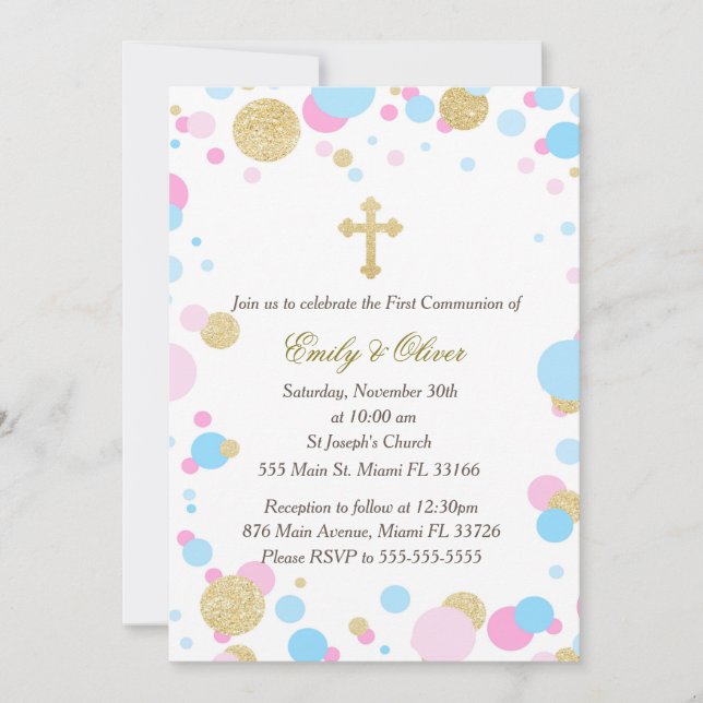 Invitation Parties scintillant Gold Pink Blue Twins Communion (Devant)