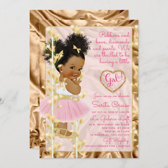 Invitation Parties scintillant Gold & Pink Girl Baby shower e (Devant / Derrière)