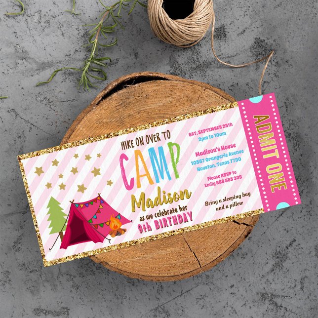 Invitation Parties scintillant Gold Pink Glamping Billets Pas (Créateur téléchargé)