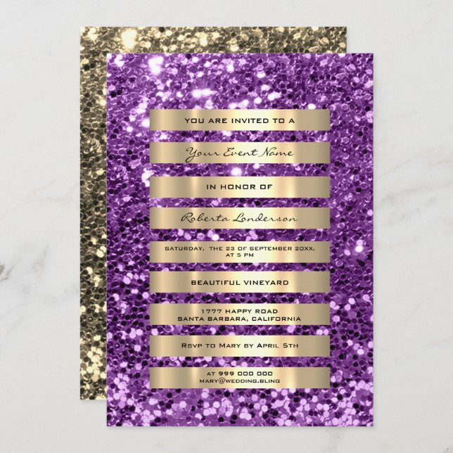 Invitation Parties scintillant Gold Stripes Champagne Blush V (Devant / Derrière)