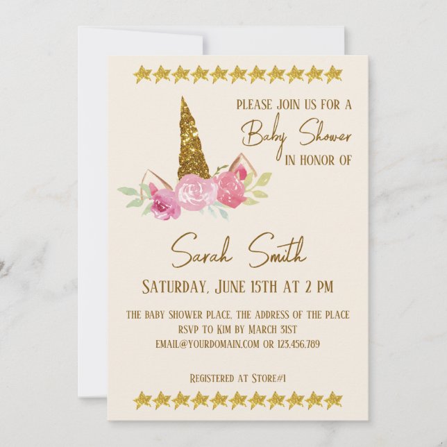 Invitation Parties scintillant Gold Unicorn Rose  Baby shower (Devant)
