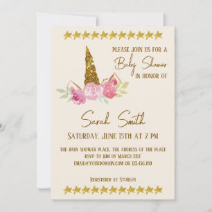 Invitation Parties scintillant Gold Unicorn Rose  Baby shower