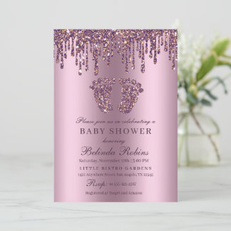 Invitation Parties scintillant goutte pourpre bébé pieds Baby