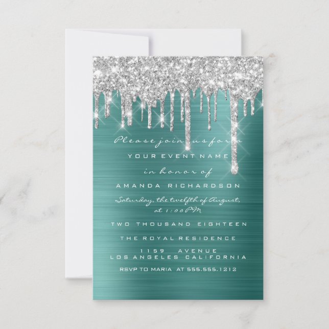 Invitation Parties scintillant gouttes argent Turquoise vert  (Devant)