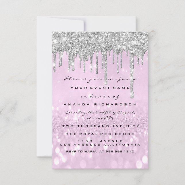 Invitation Parties scintillant gouttes d'argent violet nuptia (Devant)
