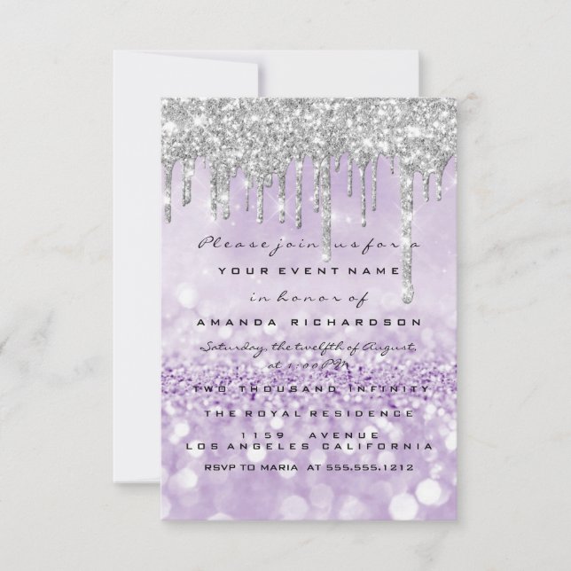 Invitation Parties scintillant gouttes d'argent violet nuptia (Devant)