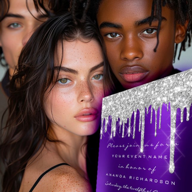 Invitation Parties scintillant gouttes d'argent violet nuptia (Glitter Drips Silver Purple Bridal Sweet 16th Invitation)