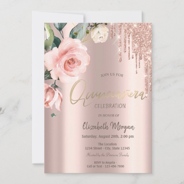 Invitation Parties scintillant gouttes d'eau Roses Quinceañer (Devant)