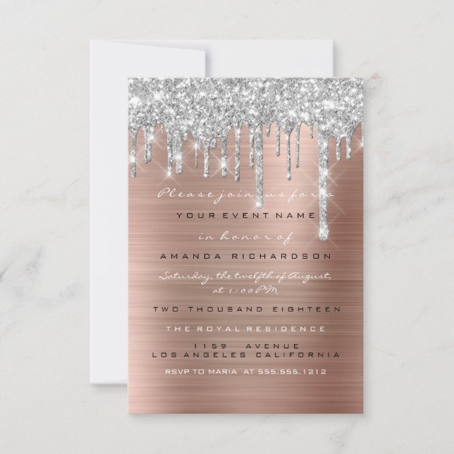Invitation Parties scintillant gouttes Rose argent  or douce  (Devant)