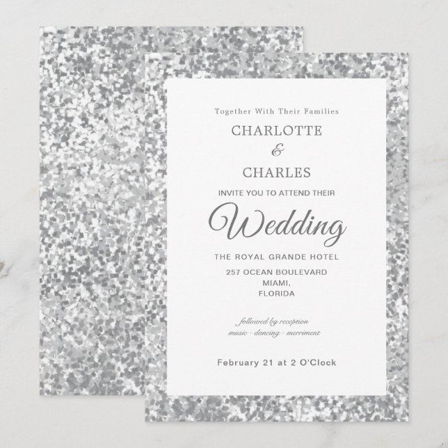 Invitation Parties scintillant gris argent Élégant Mariage ch (Devant / Derrière)