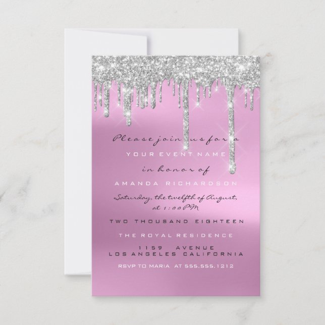Invitation Parties scintillant grise gouttes argent rose nupt (Devant)