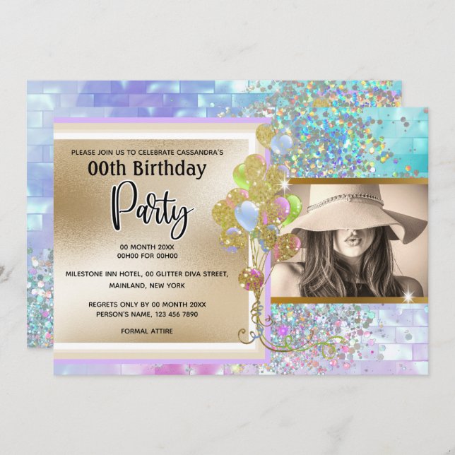 Invitation Parties scintillant holographique en or rose confe (Devant / Derrière)