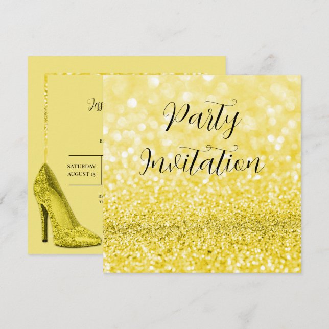 Invitation Parties scintillant jaune Bokeh & Stilettos Annive (Devant / Derrière)