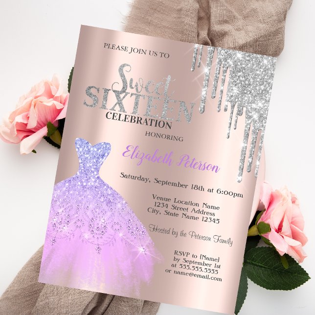 Invitation Parties scintillant, Lavander robe Rose Gold Sweet (Créateur téléchargé)