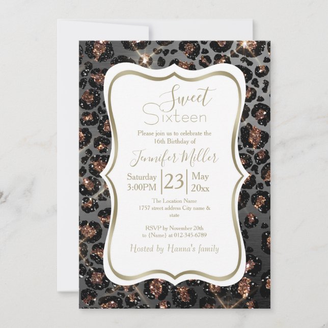 Invitation Parties scintillant Leopard Black Gold personnalis (Devant)