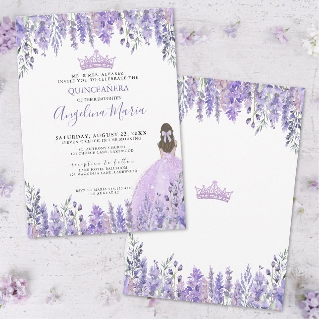 Invitation Parties scintillant Lilac violet Tiara Floral Quin (Purple Lilac Glitter Tiara Floral Quinceañera Invitation)
