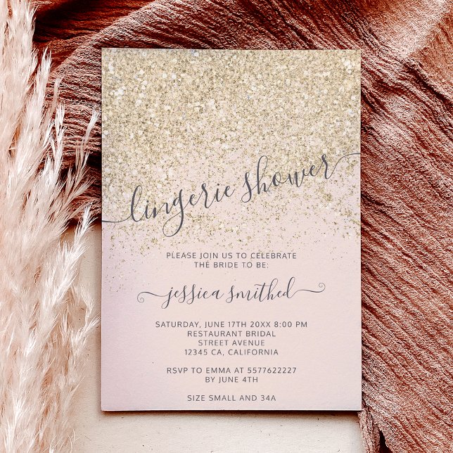 Invitation parties scintillant lingerie rose or clair douche  (glitter light gold pink lingerie bridal shower invitation)