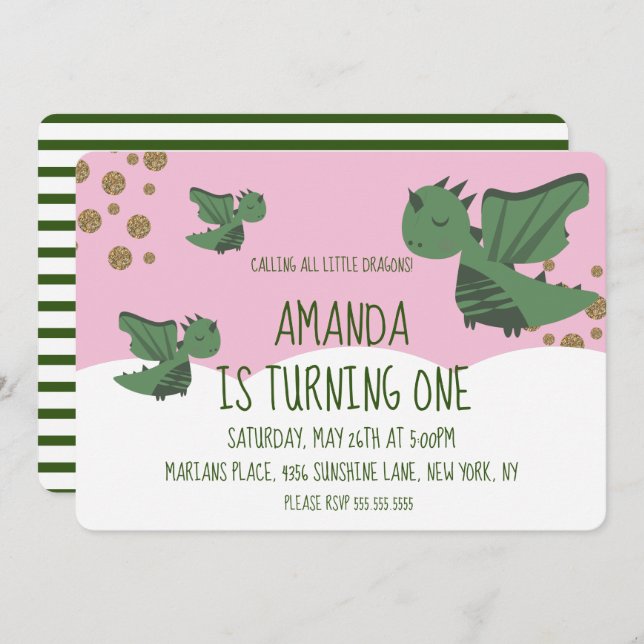 Invitation Parties scintillant Little Dragons et nuages Anniv (Devant / Derrière)