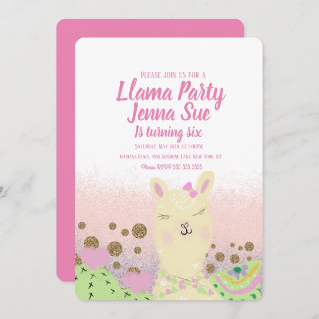 Invitation Parties scintillant Llama Anniversaire de fête Doo (Devant / Derrière)