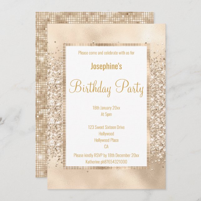 INVITATION PARTIES SCINTILLANT LUXUEUSE CHAMPAGNE & GOLD PERS (Devant / Derrière)
