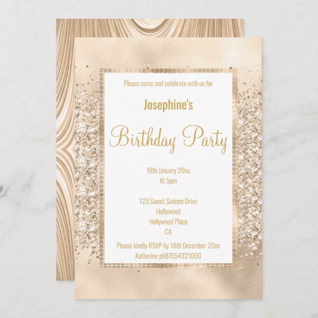 INVITATION PARTIES SCINTILLANT LUXUEUSE SATIN CHAMPAGNE & OR (Devant / Derrière)