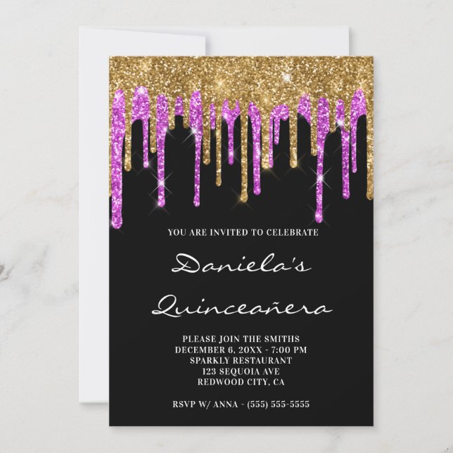 Invitation Parties scintillant Magenta Or gouttes Quinceañera (Devant)