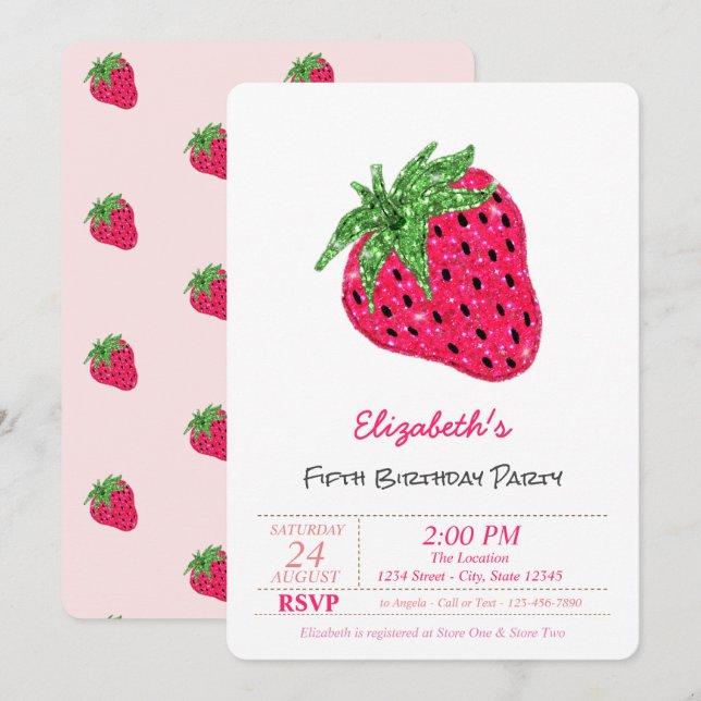 Invitation Parties scintillant magique fraise Anniversaire (Devant / Derrière)