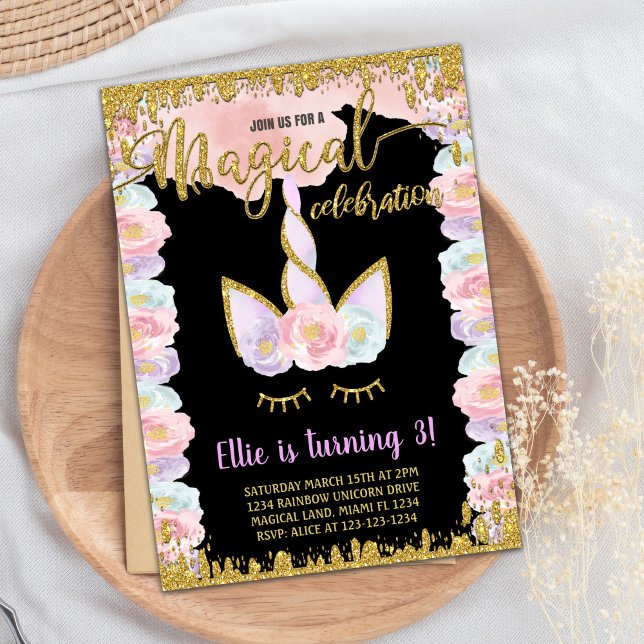Invitation Parties scintillant magique noire Unicorn Invitati (Black Magical Glitter Unicorn Birthday Invitations)