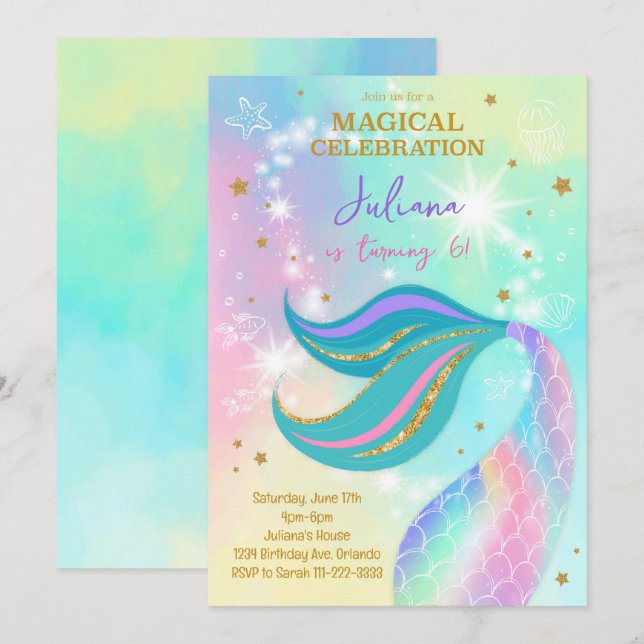 Invitation Parties scintillant magique Sirène colorée Anniver (Devant / Derrière)