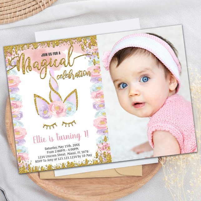 Invitation Parties scintillant magique Unicorn Anniversaire a (Magical Glitter Unicorn Birthday with photo Invitation)