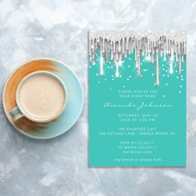 Invitation Parties scintillant  Mariage nuptiale Mint gris ar (Drips Glitter Bridal Wedding Mint Silver Gray Invitation)