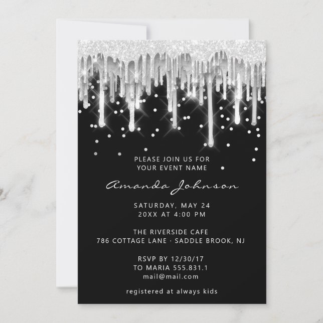 Invitation Parties scintillant  Mariage nuptiale noir gris ar (Devant)