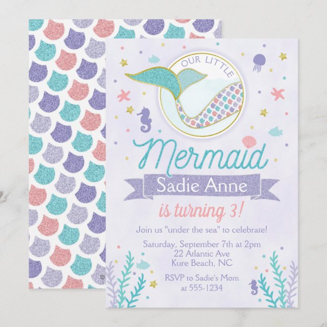 Invitation Parties scintillant Mermaid Anniversaire Pink Gold (Devant / Derrière)