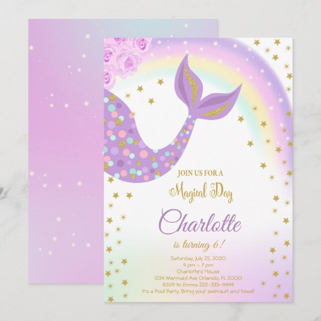 Invitation Parties scintillant Mermaid Queue Anniversaire Inv (Devant / Derrière)