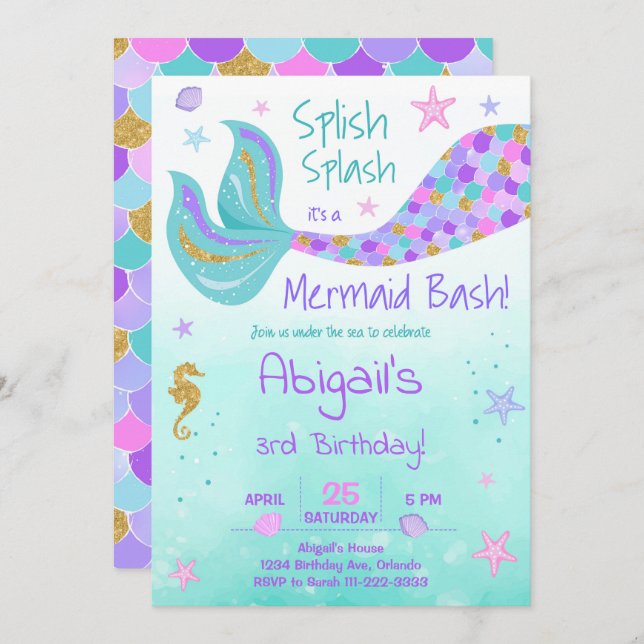 Invitation Parties scintillant Mermaid Queue Turquoise Annive (Devant / Derrière)